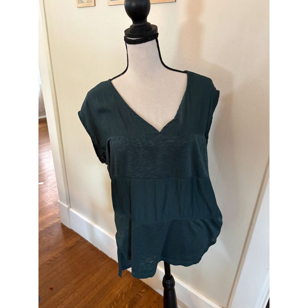 Banana Republic Dark Teal Mixed Media V-Neck Blouse Top Size Small